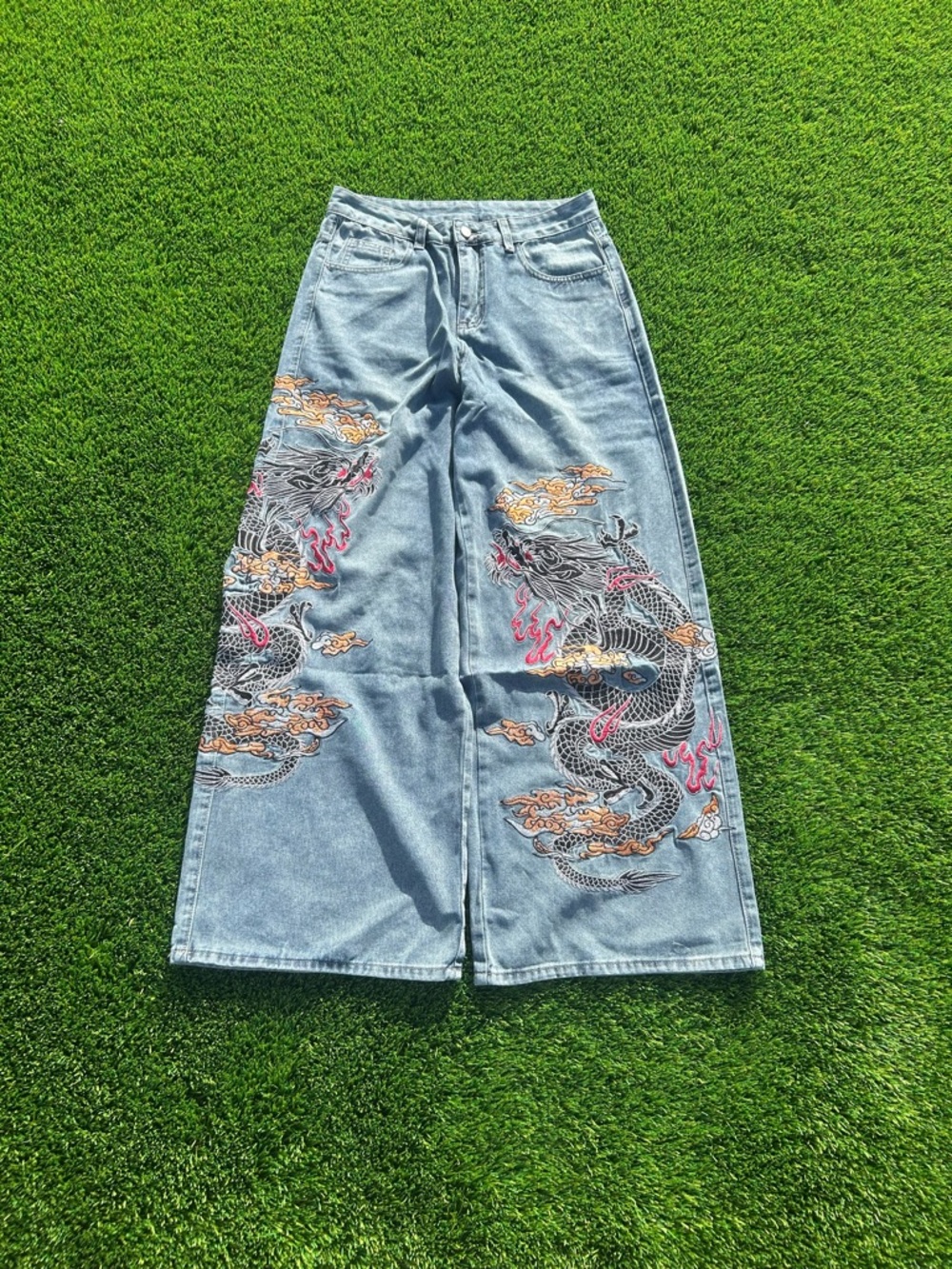 Wide-Leg Embroidered Dragon Jeans - Light Blue